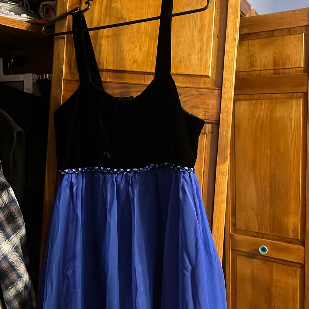 Vintage Prom black velvet top and Royal blue bottom long dress